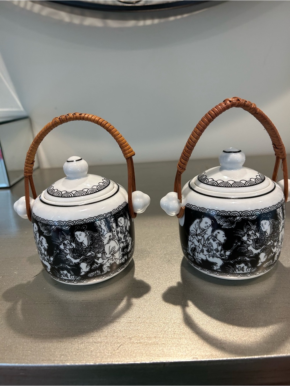 Black & White Porcelain Sugar/Jar Set with Woven Handles